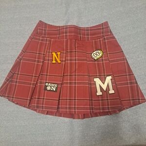 No Boundaries Burgundy Plaid Mini Skirt with Patch Accents